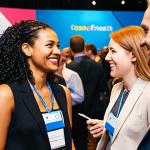Networking at a Marketing Conference**

*   **Prompt:** Dynamic shot of a bustling marketing conference. Focus on diverse professionals engaging in enthusiastic conversation, exchanging business cards, and smiling. Emphasize confident body language and stylish professional attire. Background should feature modern conference branding, colorful banners, and subtle lighting. Depict a sense of opportunity, connection, and personal branding. High-quality, realistic.
*   **Keywords:** marketing conference, networking, professional, communication, connection, personal branding, confident, stylish, opportunity, high-quality, realistic.

**