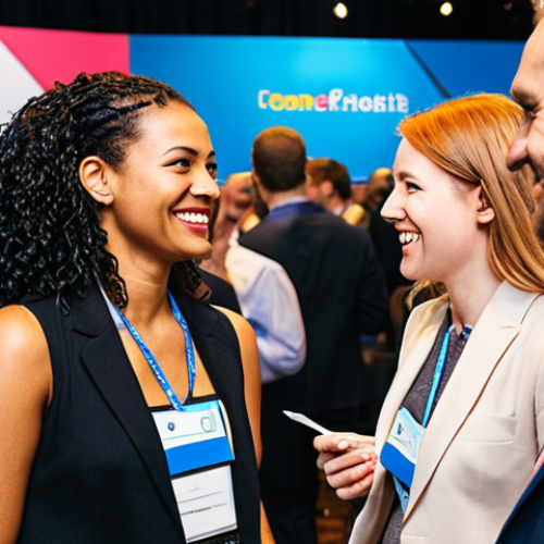Home 11 Networking at a Marketing Conference**
* **Prompt:** Dynamic shot of a bustling marketing conference. Focus on diverse professionals engaging in enthusiastic conversation, exchanging business cards, and smiling. Emphasize confident body language and stylish professional attire. Background should feature modern conference branding, colorful banners, and subtle lighting. Depict a sense of opportunity, connection, and personal branding. High-quality, realistic.
* **Keywords:** marketing conference, networking, professional, communication, connection, personal branding, confident, stylish, opportunity, high-quality, realistic.
**