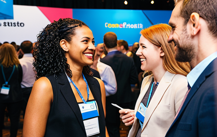 Networking at a Marketing Conference**
* **Prompt:** Dynamic shot of a bustling marketing conference. Focus on diverse professionals engaging in enthusiastic conversation, exchanging business cards, and smiling. Emphasize confident body language and stylish professional attire. Background should feature modern conference branding, colorful banners, and subtle lighting. Depict a sense of opportunity, connection, and personal branding. High-quality, realistic.
* **Keywords:** marketing conference, networking, professional, communication, connection, personal branding, confident, stylish, opportunity, high-quality, realistic.
**