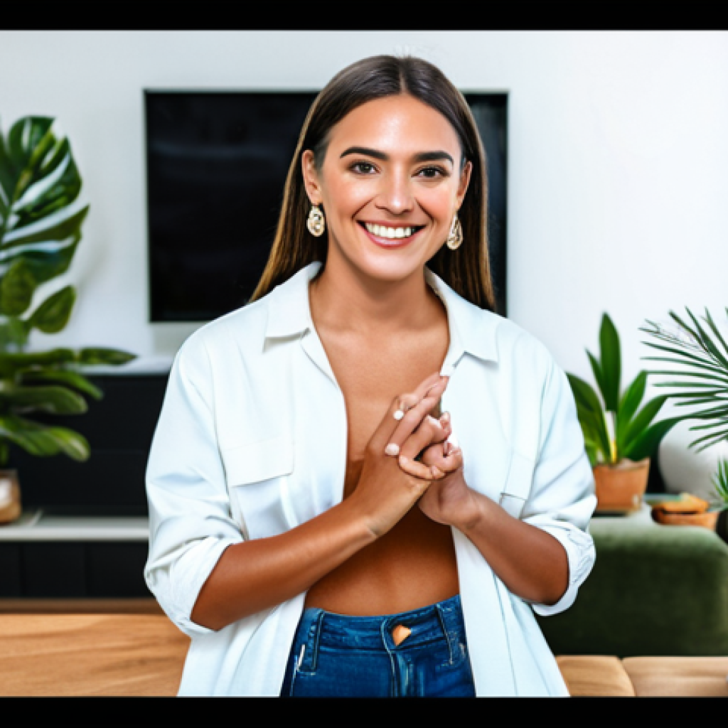 Influencer Marketing Campaign**
"A popular Brazilian digital influencer, fully clothed in stylish and modest casual wear appropriate for a warm climate, smiling and interacting with followers during a live stream, showcasing a new skincare product from a well-known local brand. Background: A vibrant and modern living room with tropical plants. safe for work, appropriate content, professional, family-friendly, perfect anatomy, correct proportions, natural pose, well-formed hands, proper finger count, natural body proportions."
**