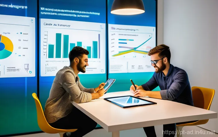 광고홍보사와 데이터 마케팅 사례 - **Prompt:** A dynamic, brightly lit scene inside a modern, stylish digital marketing agency office l...