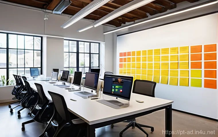 광고홍보사와 잡지 광고 디자인 - **Prompt:** A vibrant, open-plan modern advertising agency office, bustling with creative energy. Di...