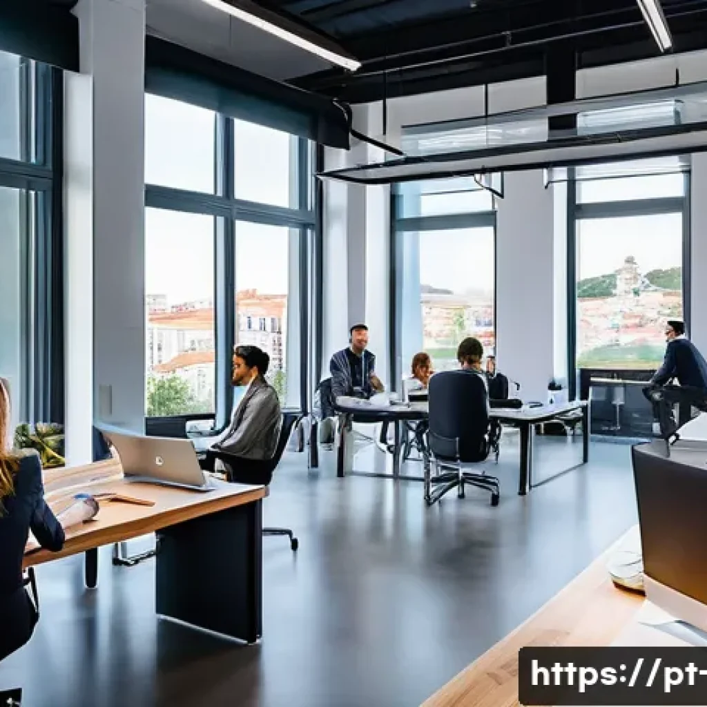 광고홍보사와 광고 성공을 위한 팁 - **Prompt 1: The Modern Digital Agency in Portugal**
"A vibrant, wide-angle shot inside a sleek, ...