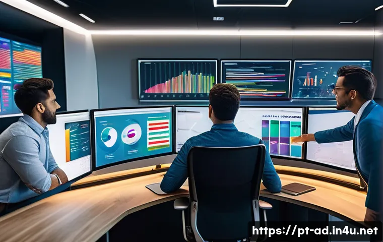 광고홍보사와 고객 분석 툴 활용 - A modern marketing office scene with diverse Brazilian professionals analyzing detailed digital dash...