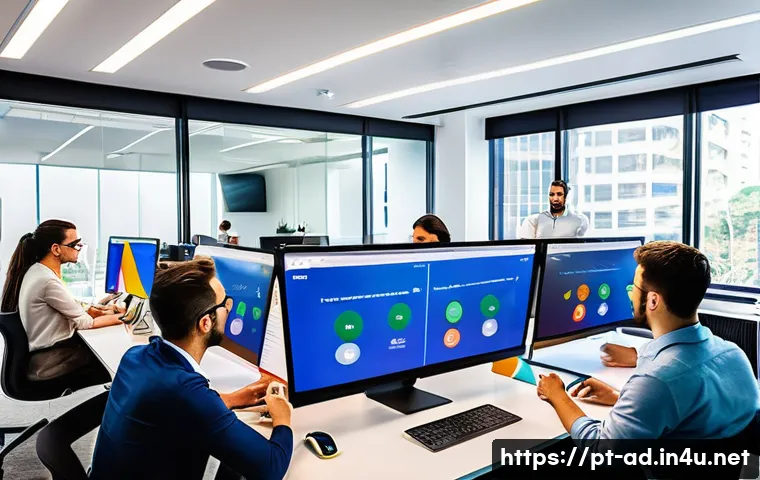 광고홍보사와 광고 효과 최적화 - A vibrant digital marketing team in a modern S&atilde;o Paulo office, diverse professionals analyzing color...