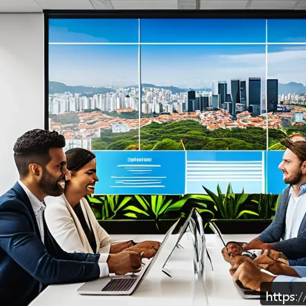 광고홍보사와 크리에이티브 광고 제안서 작성 - A vibrant office scene in São Paulo, Brazil, showing a diverse marketing team engaged in a brainstor...