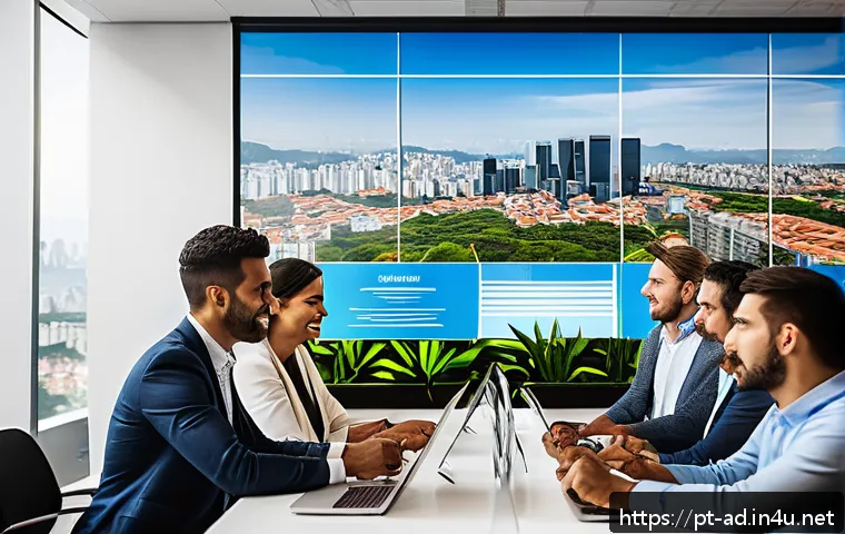 광고홍보사와 크리에이티브 광고 제안서 작성 - A vibrant office scene in S&atilde;o Paulo, Brazil, showing a diverse marketing team engaged in a brainstor...