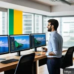 광고홍보사와 디지털 광고 콘텐츠 기획 - A vibrant digital marketing workspace in Brazil, showing a young professional analyzing real-time da...