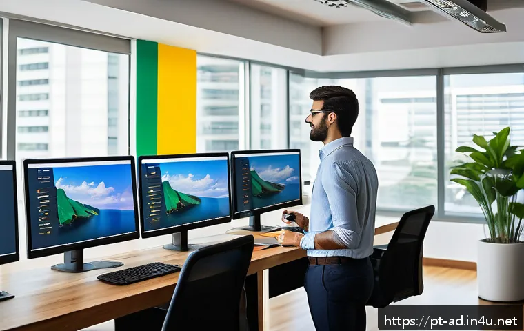 광고홍보사와 디지털 광고 콘텐츠 기획 - A vibrant digital marketing workspace in Brazil, showing a young professional analyzing real-time da...