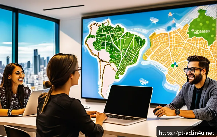 광고홍보사로 시작하는 광고업계 - A vibrant digital marketing agency office scene in Brazil, featuring a diverse team of young profess...
