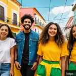 광고홍보사와 디지털 콘텐츠 기획 - A vibrant digital marketing scene set in Brazil, featuring a diverse group of young adults engaging ...
