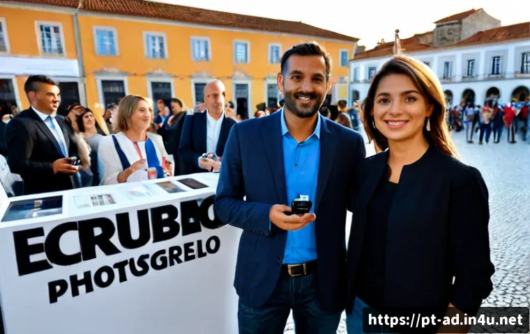 광고홍보사와 PR 이벤트 성공 사례 - Photorealistic successful PR event in a vibrant Portuguese city plaza, diverse event team in smart c...